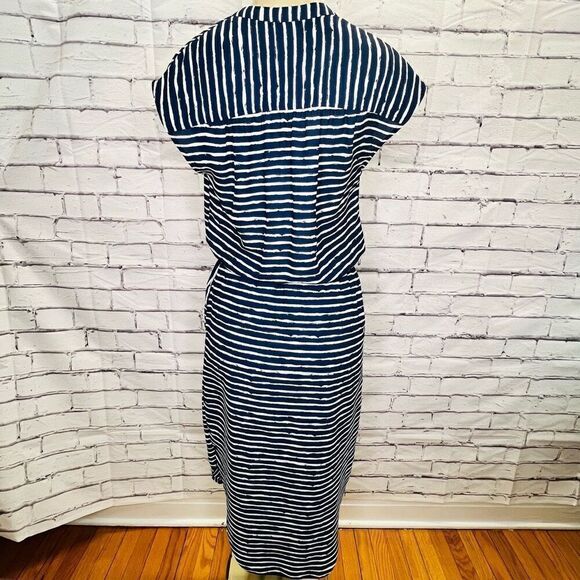 Banana Republic Womens Blue & Cream Striped Cap Sleeve Split Neck Blouson Dress - Picture 6 of 10